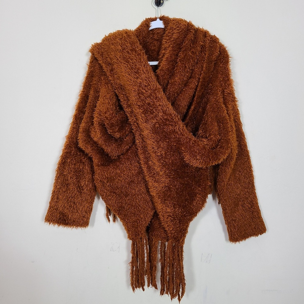 Maaz Rust Orange Fuzzy Knit Fringe Scarf Cardigan Winter Maximalism‎ Boho Chunky